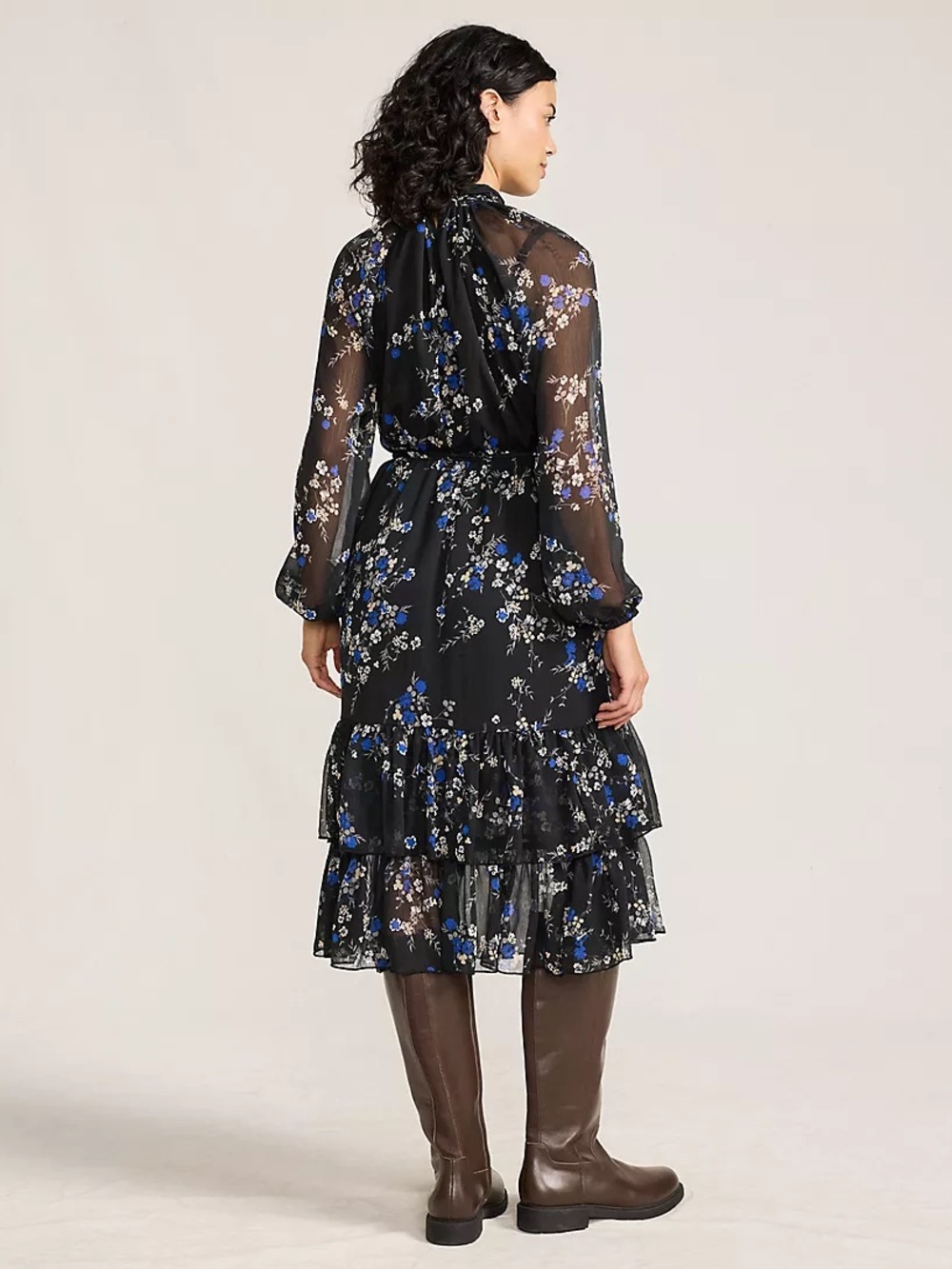 *NWT* Lands' End Black Floral Midi Dress with Blue and White Accents - Picture 3 of 3